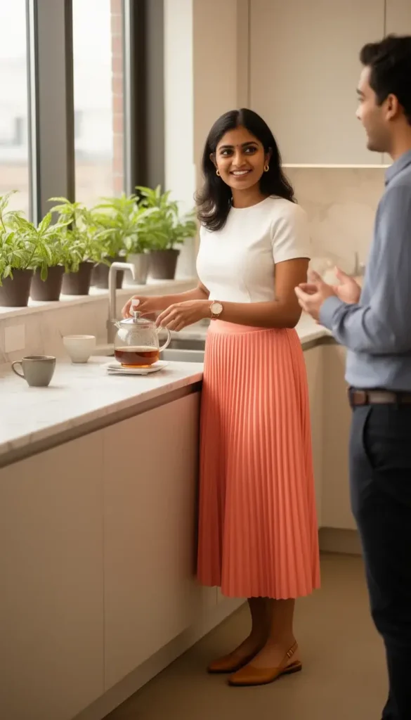 A South Asian woman in a coral pleated midi skirt and white blouse making tea in a modern office kitchen, with warm spring window light.