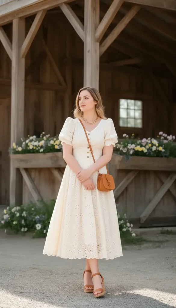 A petite woman in an ivory broderie anglaise midi dress with puff sleeves standing outside a rustic barn wedding venue, wearing tan wedge sandals and a gold chain necklace.
