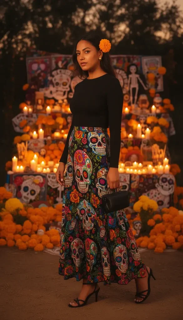 Woman in a sugar skull print maxi skirt with a black top and marigold hair accent at an outdoor Día de los Muertos celebration.