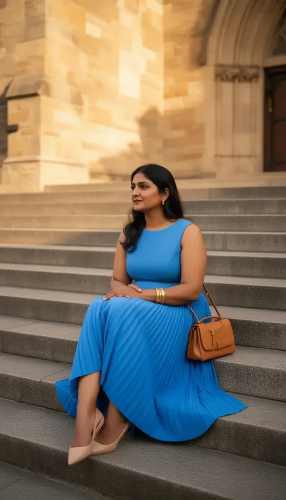 A woman in a cornflower blue pleated sleeveless midi dress sitting on stone church steps after a ceremony, with warm afternoon light casting soft shadows.