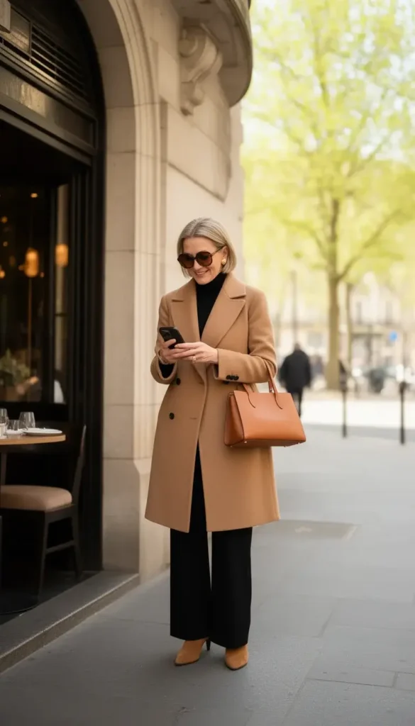 A woman in a camel double-breasted wool wrap coat over black turtleneck and wide-leg trousers waiting outside a restaurant, with tortoiseshell sunglasses and a tan leather bag.