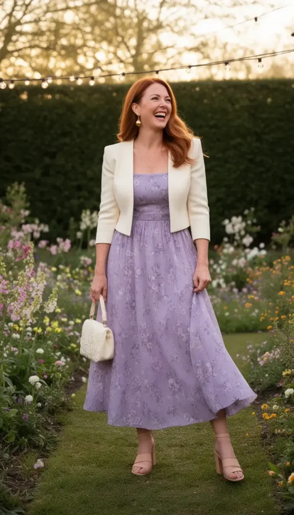 A woman in a soft lavender floral midi dress with a cropped blazer and block-heeled sandals, photographed at a spring garden gathering after a church service.