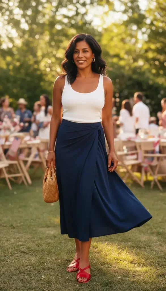 Woman in a navy wrap midi skirt with a white ribbed tank and red strappy flat sandals at a sunny outdoor garden gathering.