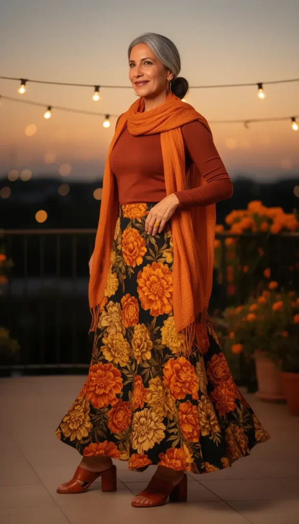 Woman in a cempasúchil marigold print maxi skirt in orange and black, styled with a rust top and orange rebozo at dusk.
