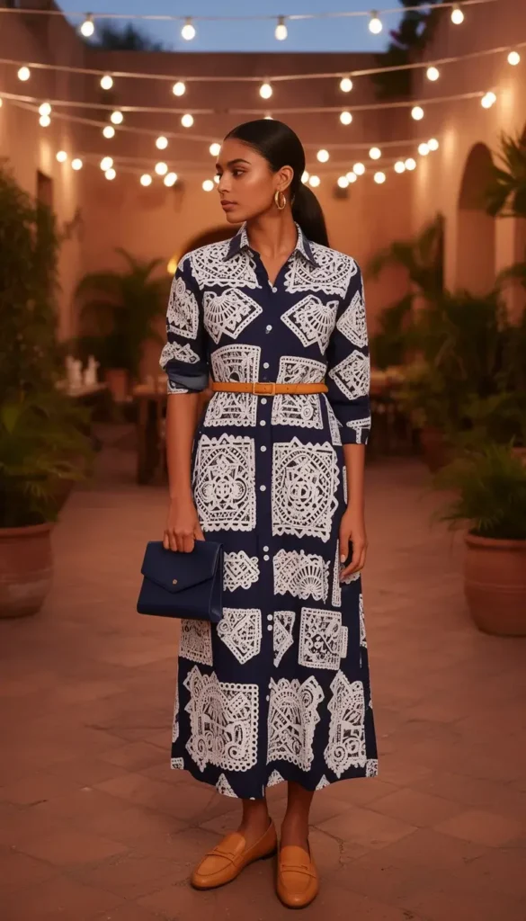 Woman in a navy papel picado-inspired print shirt dress belted at the waist, styled for an evening event in a lit courtyard.
