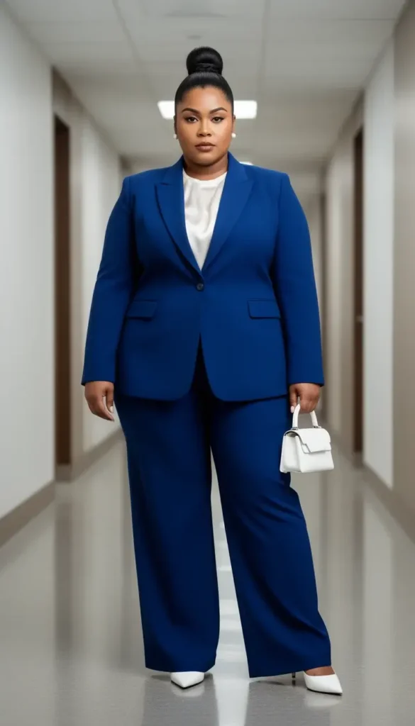 Plus-size woman in a deep cobalt tailored trouser suit with a white blouse and white pointed pumps in a corporate office corridor.