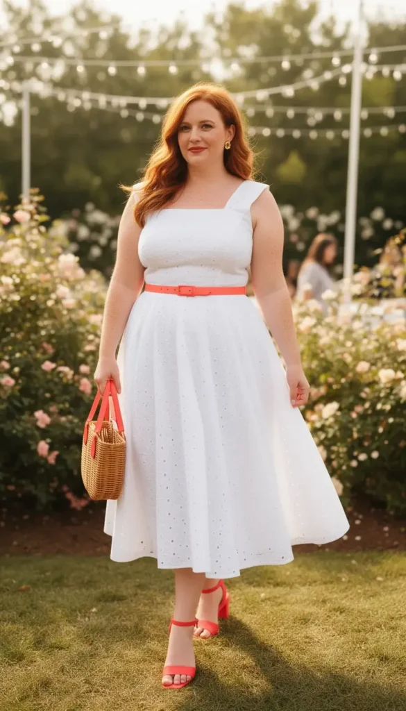 Full-figured woman with auburn hair in a white eyelet midi dress with a coral belt and woven bag at a garden party.