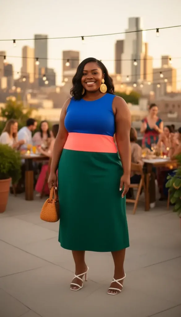 Black Latina woman in a vivid color-blocked cobalt, coral, and jade midi dress at a Cinco de Mayo rooftop party