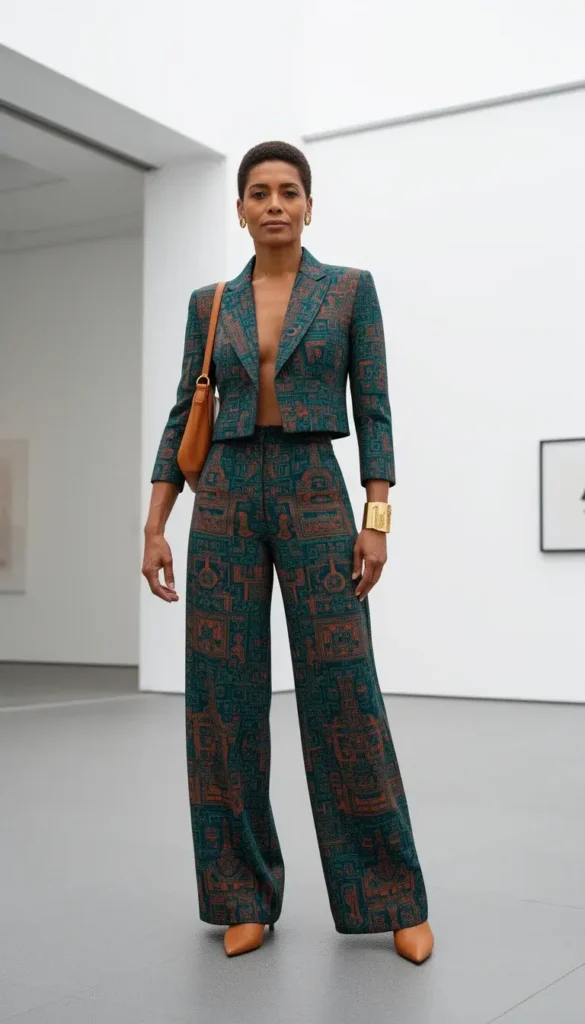 Woman in a teal and terracotta geometric Mesoamerican-inspired two-piece blazer and wide-leg trouser set at a gallery exterior.