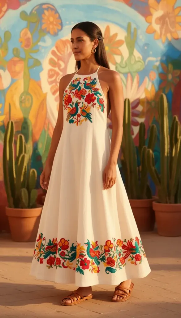 Athletic woman in a cream halter maxi with red and teal embroidered floral motifs at a painted outdoor fiesta space.