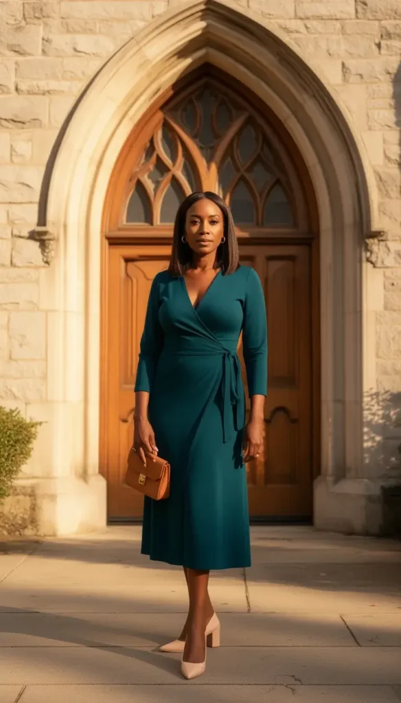 A woman wearing a deep teal midi wrap dress with low nude heels and gold jewelry, photographed near the entrance of a church in warm morning light.