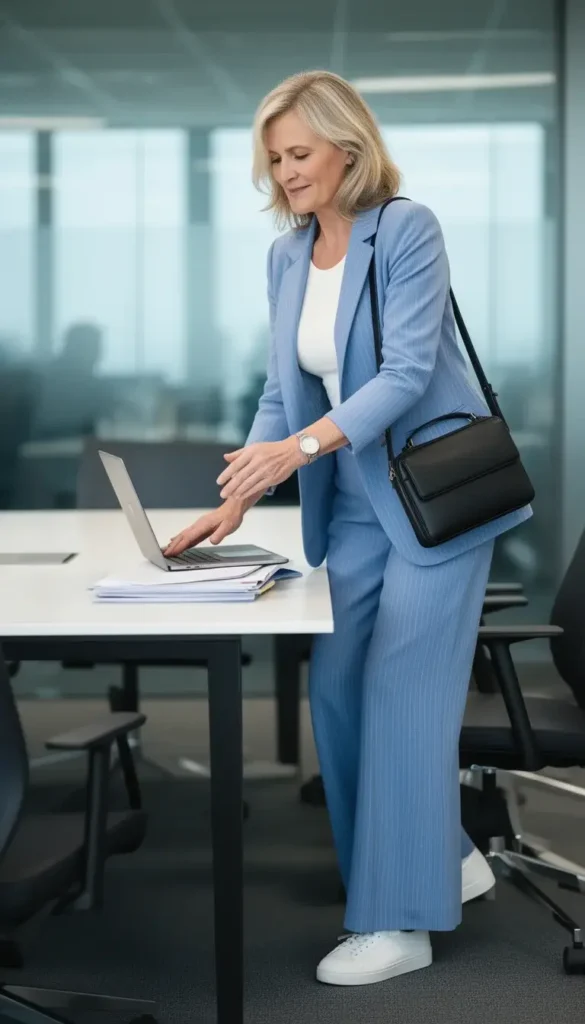 A woman in a soft blue pinstripe blazer and matching wide-leg trousers gathering her laptop at the end of a meeting in a glass-walled conference room.