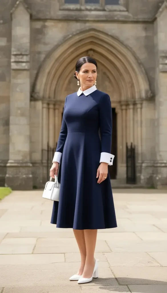 A woman in a navy A-line midi dress with white collar and cuff trim, wearing pearl earrings and white low heels, photographed at a church entrance in natural light.