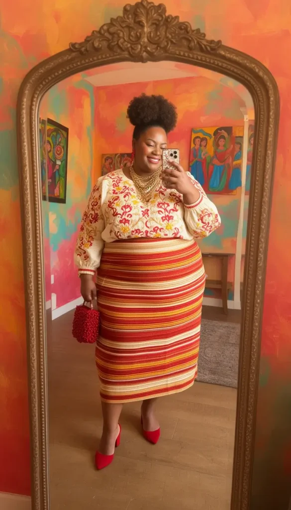 Full-figured woman in a mixed Mexican print outfit, floral blouse and serape skirt, taking a mirror selfie in a colorful room.