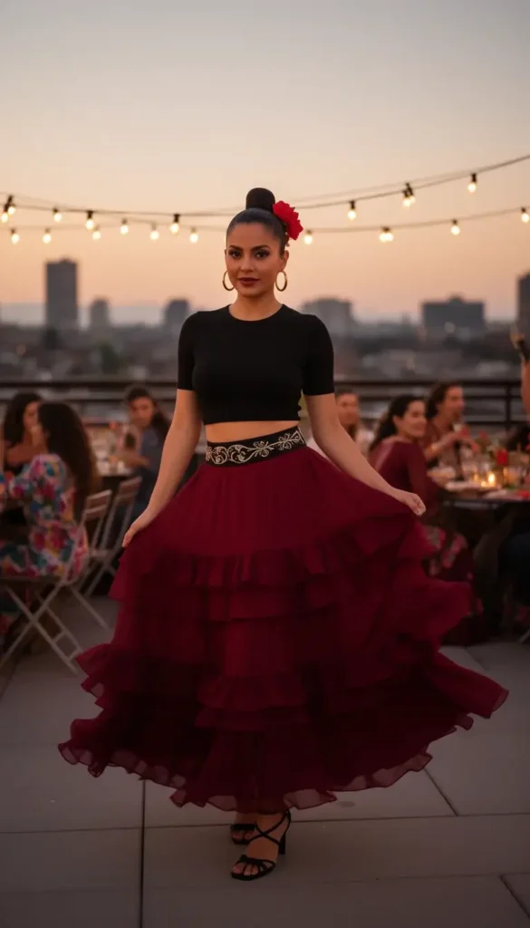 Petite Latina woman in a deep red tiered ruffle maxi skirt and black crop top at a Cinco de Mayo rooftop party at dusk