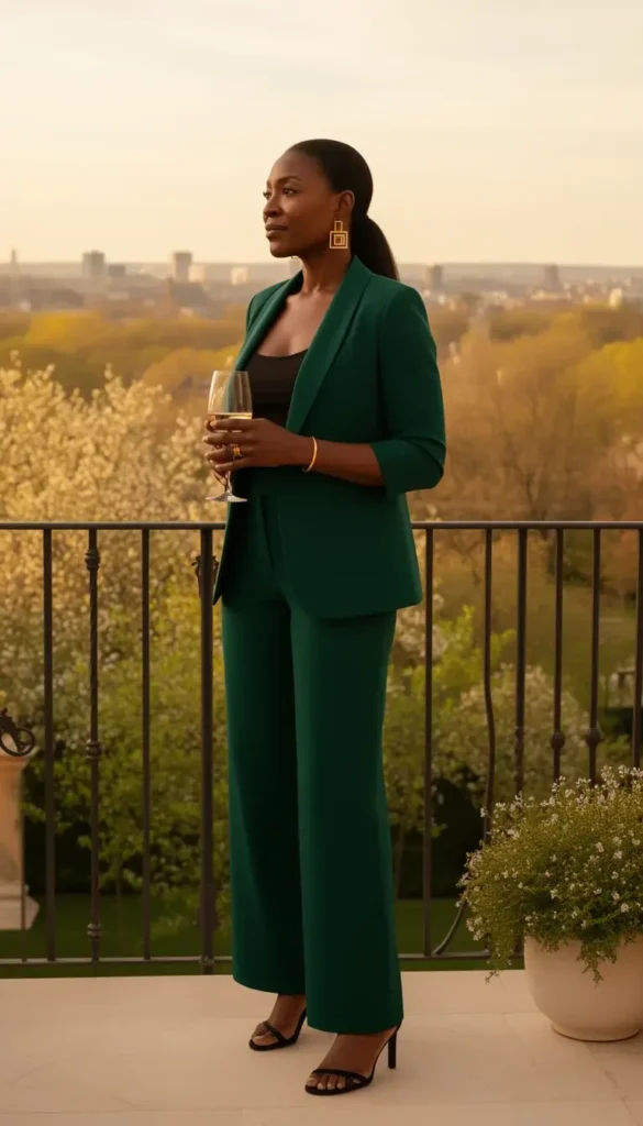A Black woman in a deep emerald green wide-leg pantsuit holding a glass of wine on a sunlit terrace, wearing gold geometric earrings and black strappy heels.