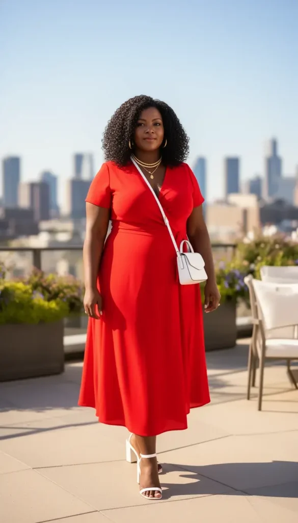 Curvy woman in a true red wrap midi dress with white block-heeled sandals and gold jewelry on a rooftop terrace.