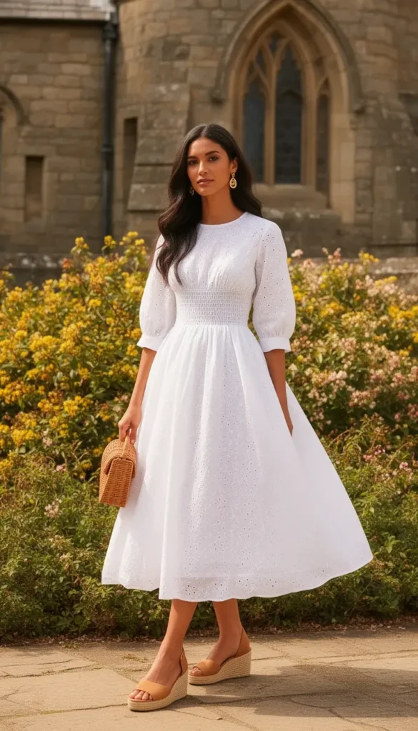 A woman in a white broderie anglaise midi dress with three-quarter sleeves and an espadrille wedge, carrying a rattan clutch, photographed outside a stone church in summer light.
