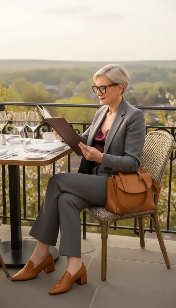 A woman in a slate grey linen suit over a wine silk camisole seated at an outdoor restaurant terrace reading a menu, with tortoiseshell glasses and tan loafers.