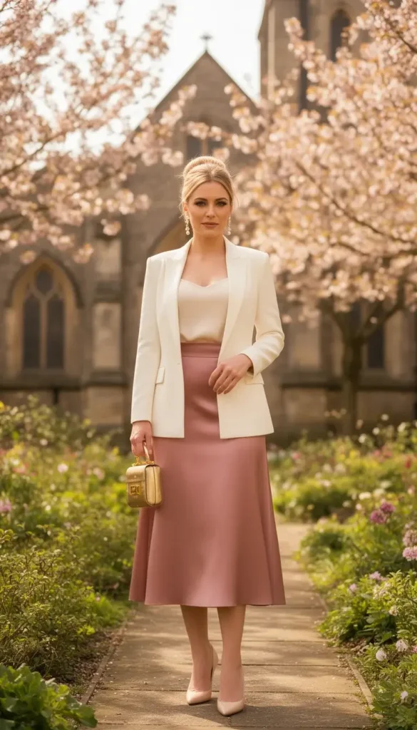 A woman in a dusty rose satin midi skirt with a white tucked blouse and a cream blazer, wearing court heels, photographed in a church garden in spring.