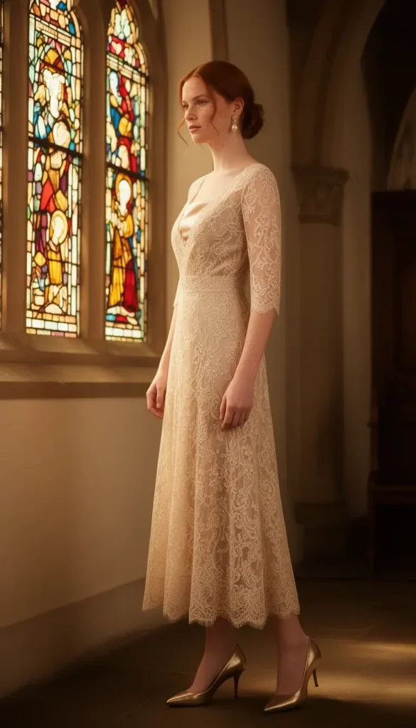 A woman in a champagne lace-overlay midi dress with three-quarter sleeves, wearing low metallic heels and pearl jewelry, photographed inside a softly lit church interior.