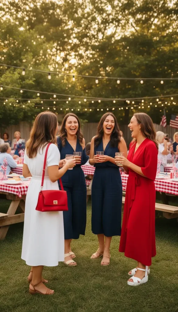 Group of women in red, white, and navy outfits laughing at a backyard Fourth of July gathering with string lights.