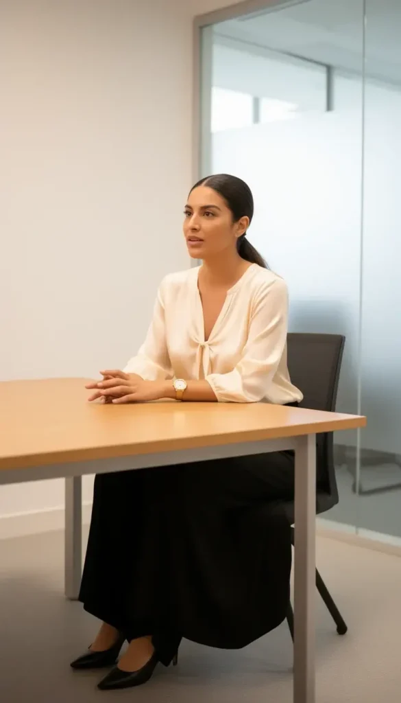 Petite Latina woman in a cream silk blouse and wide-leg black trousers seated in a modern interview room