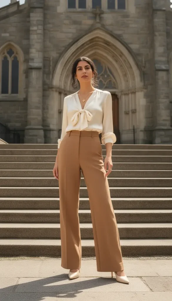 A woman in camel wide-leg tailored trousers and a cream satin blouse with bow detail, wearing pointed-toe nude heels, photographed outside a church in bright morning light.