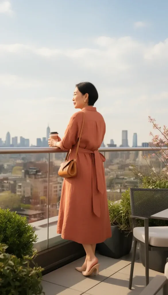 An East Asian woman in a belted terracotta linen shirt dress standing on a rooftop office terrace with a coffee, looking out at the city.