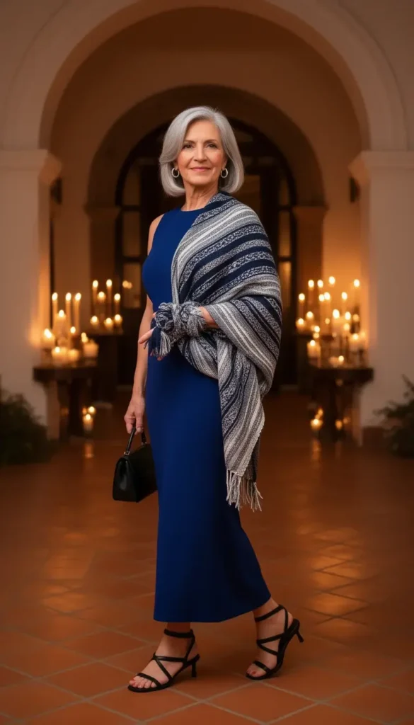 Silver-haired woman wearing a cobalt midi dress with a woven rebozo draped over her shoulder in a candlelit colonial event space.