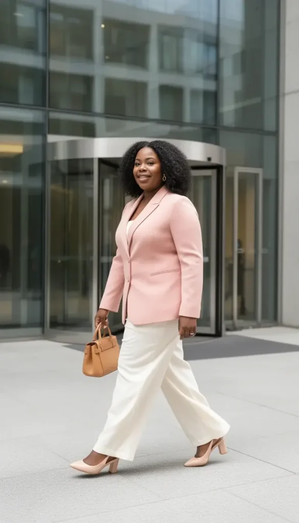 Plus-size Black woman in a blush blazer and ivory wide-leg trousers walking into an office building