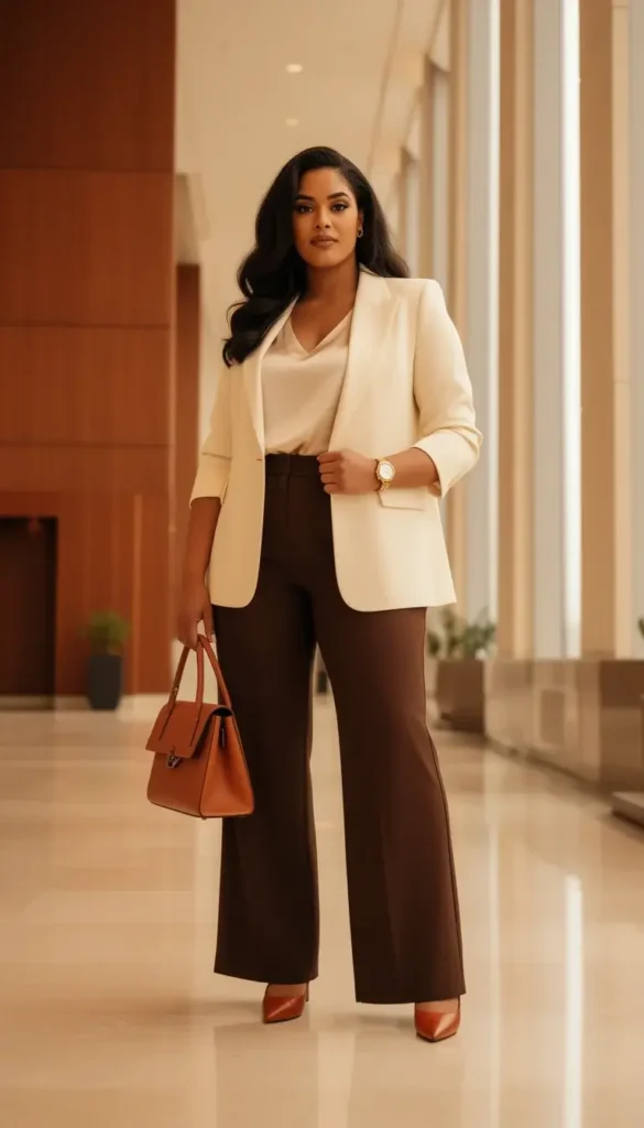 Curvy woman in a cream blazer and blouse with chocolate wide-leg trousers and cognac pumps in a warm corporate lobby
