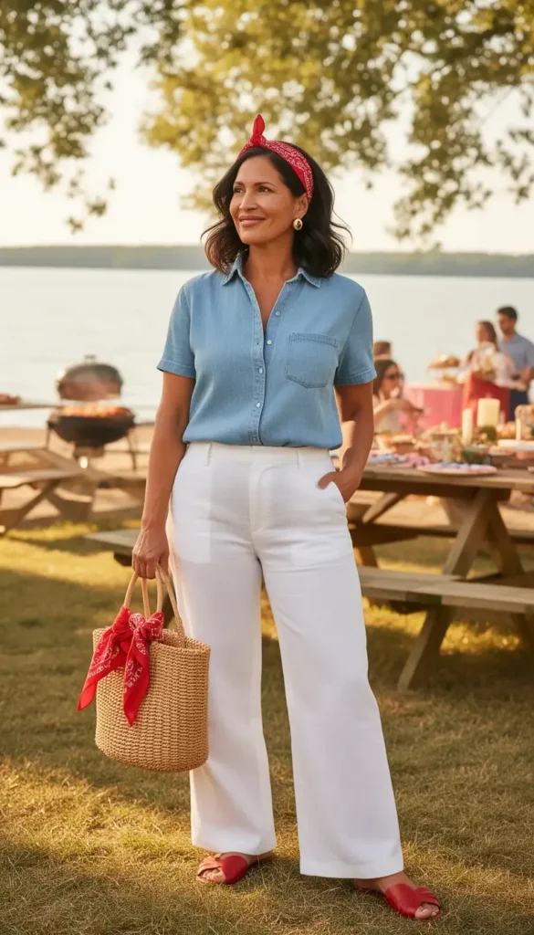 Woman in chambray shirt tucked into white linen trousers with red sandals and a red bandana headband at a summer lakeside cookout.