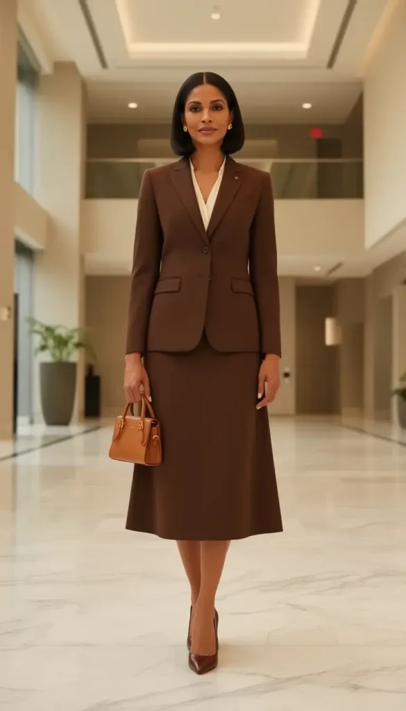 Petite woman in a cropped white blazer, black mock-neck, and barrel-leg jeans with black loafers in a creative office corridor.
