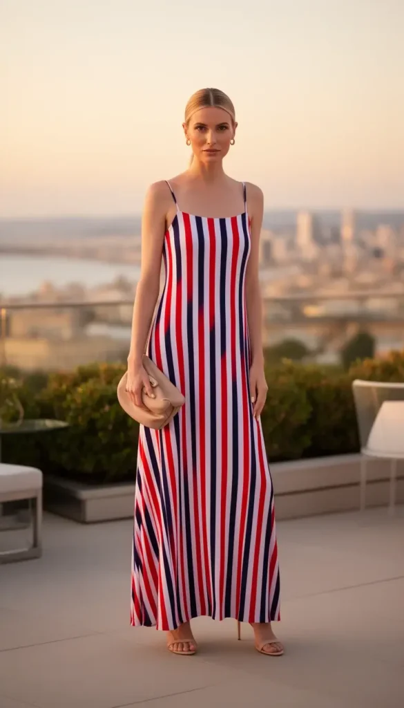 Slim woman in a vertical red white and navy striped maxi dress with nude heeled sandals at a warm outdoor summer evening rooftop.