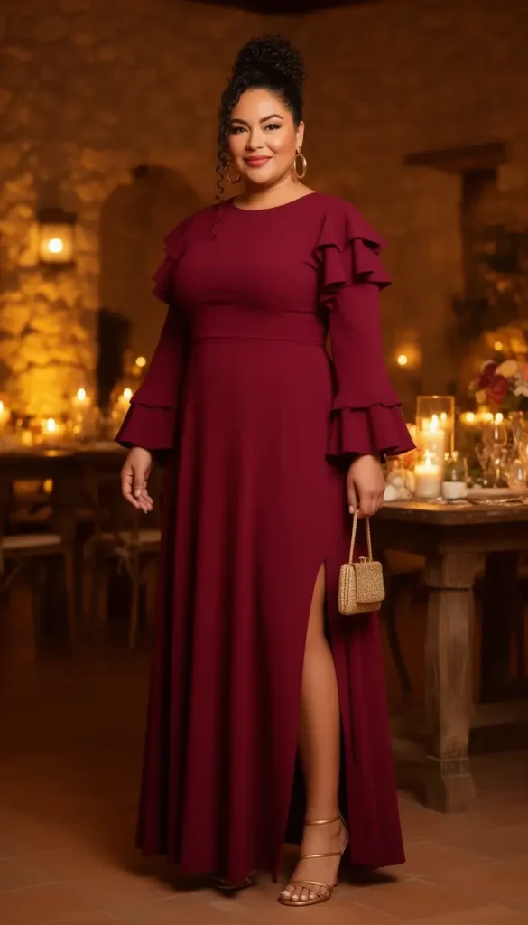 Plus-size woman in a deep ruby maxi dress with ruffled bishop sleeves and gold jewelry at a candlelit hacienda venue.