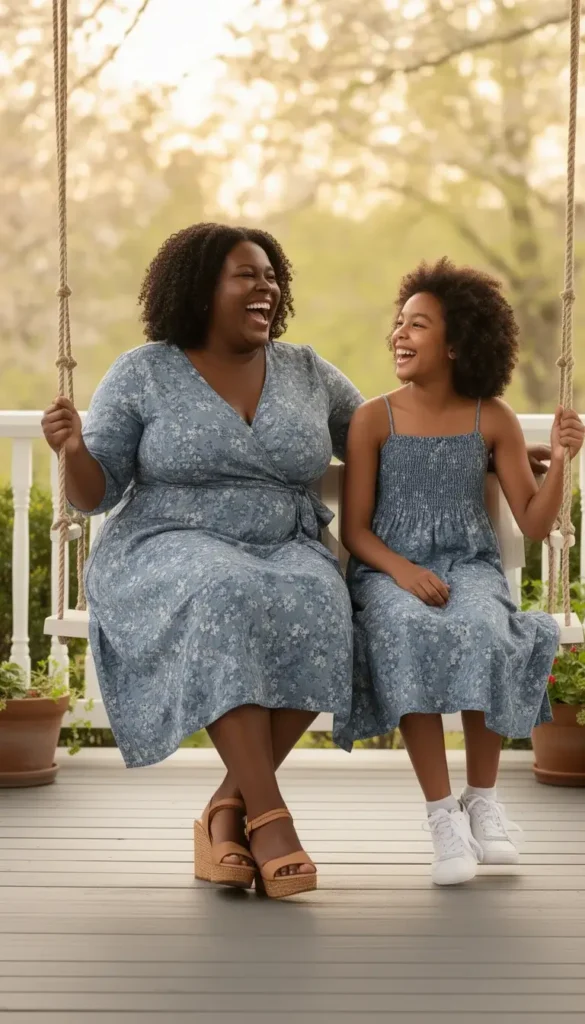 A mother and pre-teen daughter in matching dusty blue floral dresses laughing together on a porch swing on Mother's Day afternoon.