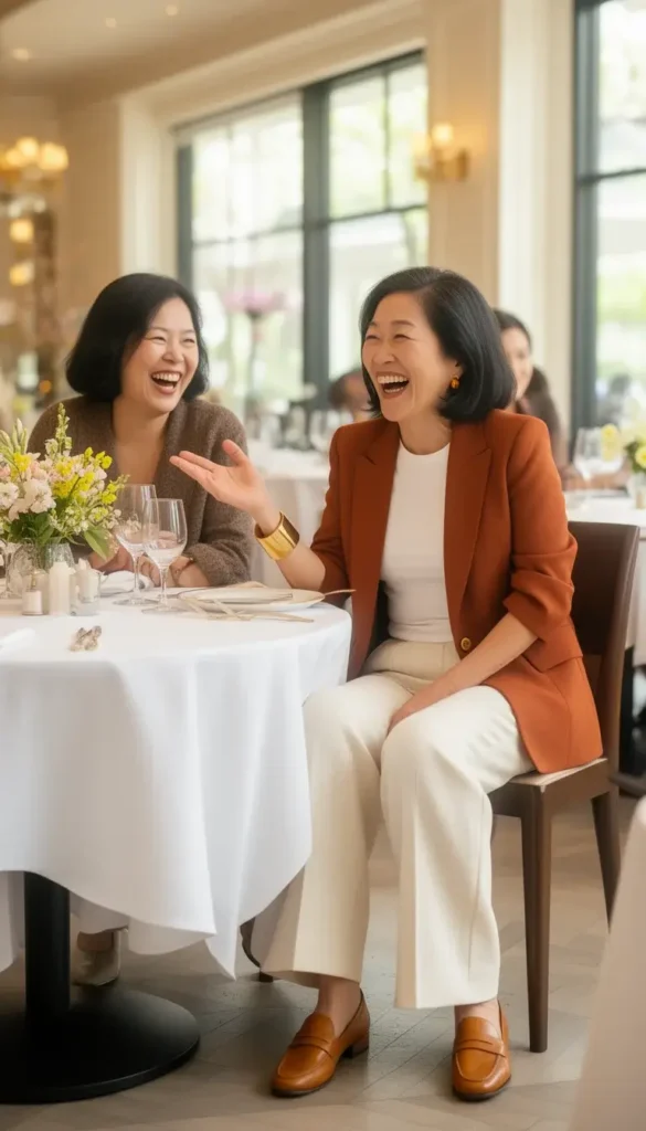 An East Asian woman in a rust orange blazer, white tee, and cream linen trousers laughing at a restaurant table on Mother's Day.