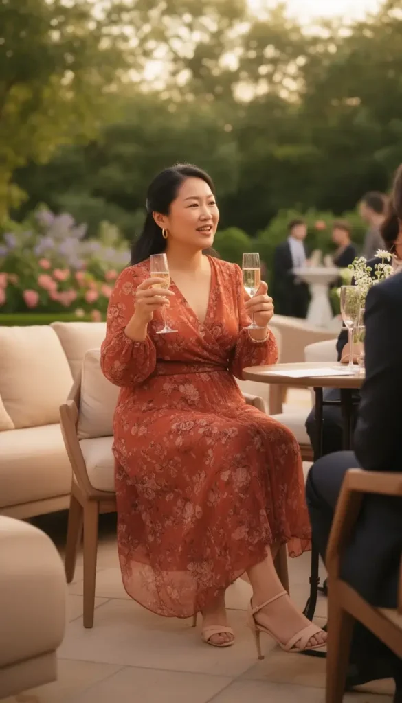 A woman in a terracotta floral chiffon midi dress seated at an outdoor cocktail table, holding champagne and mid-conversation in warm afternoon light.