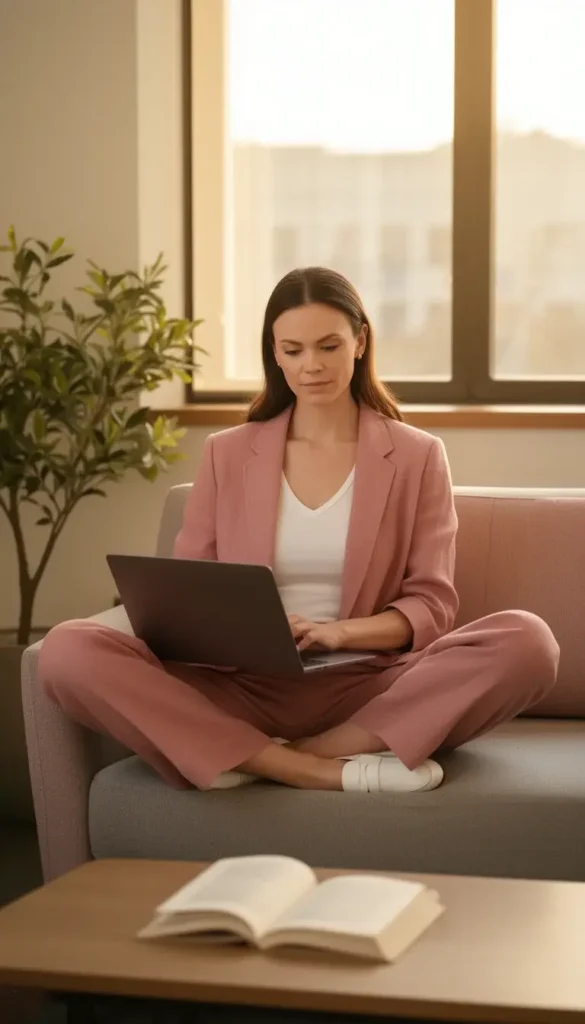 A woman in a dusty pink linen wide-leg suit and white V-neck tee working on her laptop in a casual office lounge area.