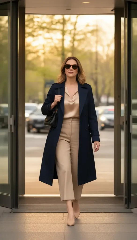 A woman in a navy straight-cut trench coat, beige silk blouse, and cropped wide-leg trousers walking out of an office building at the end of the day.