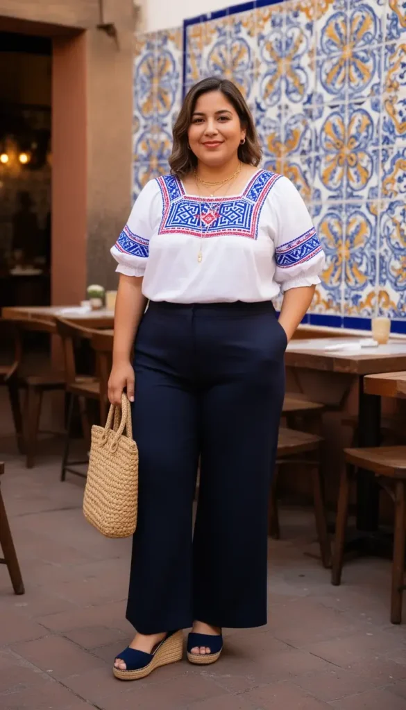 Mexican-American woman in a white Puebla-style embroidered blouse and navy wide-leg trousers at a Cinco de Mayo courtyard celebration