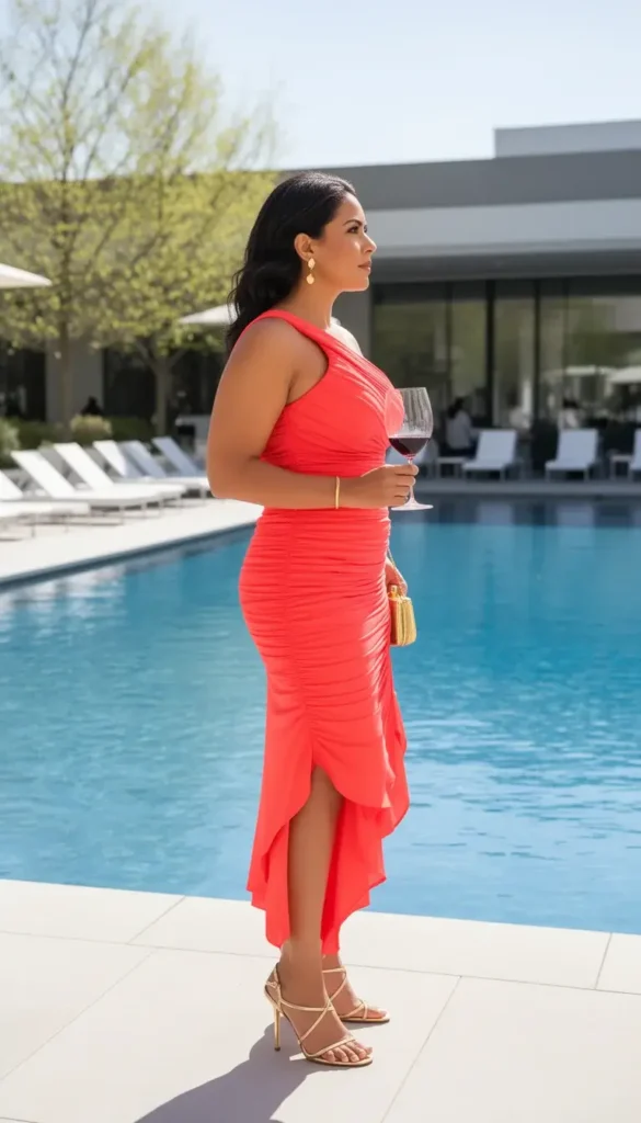 A woman in a coral red one-shoulder ruched midi dress with an asymmetric hem standing beside an upscale pool, holding a glass of wine.