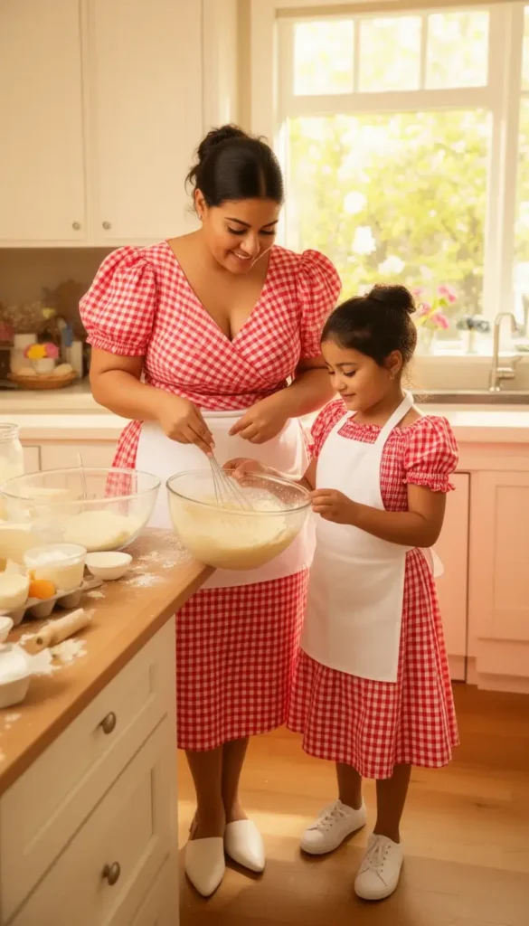 A mother and daughter in matching red and white gingham dresses and white aprons baking together in a warm kitchen on Mother's Day.