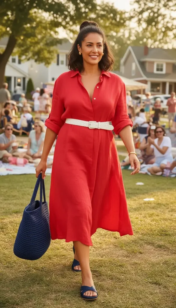 Woman in a red linen midi shirt dress with a white woven belt and navy flat sandals at a bright outdoor summer park gathering.