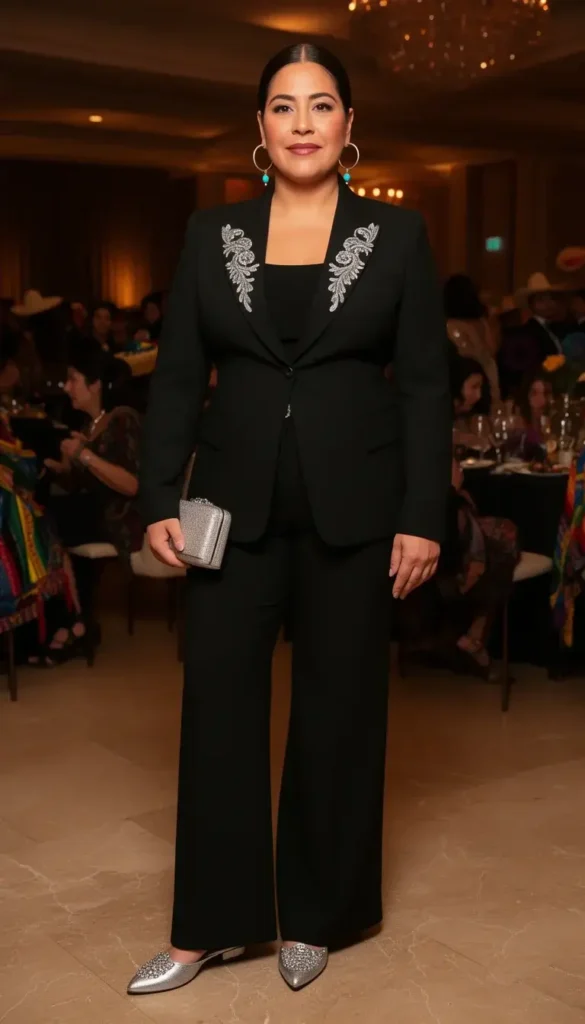 Chicana woman in a black blazer with silver charro-inspired embroidered lapels and wide-leg trousers at an upscale Cinco de Mayo event
