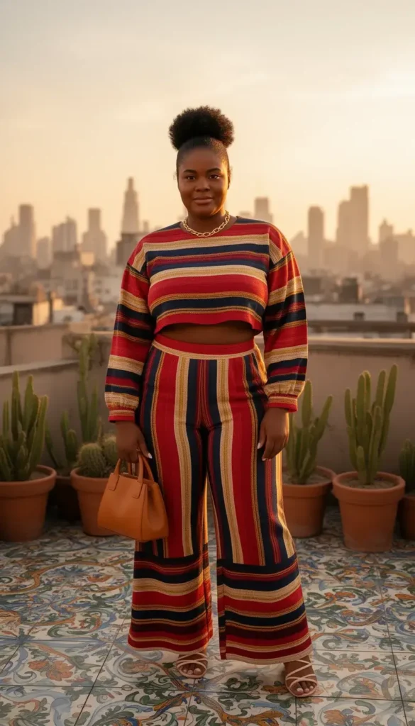 Curvy woman in a serape-stripe wide-leg trouser and cropped blouse co-ord on a rooftop terrace at golden hour.