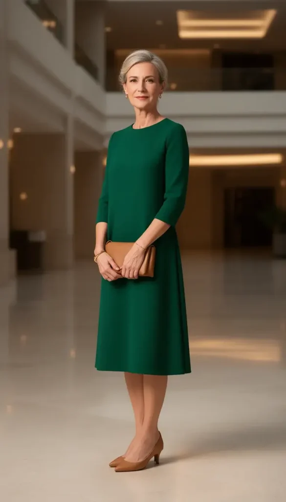 Slender white woman in her 50s wearing a forest green midi dress in a polished building interior