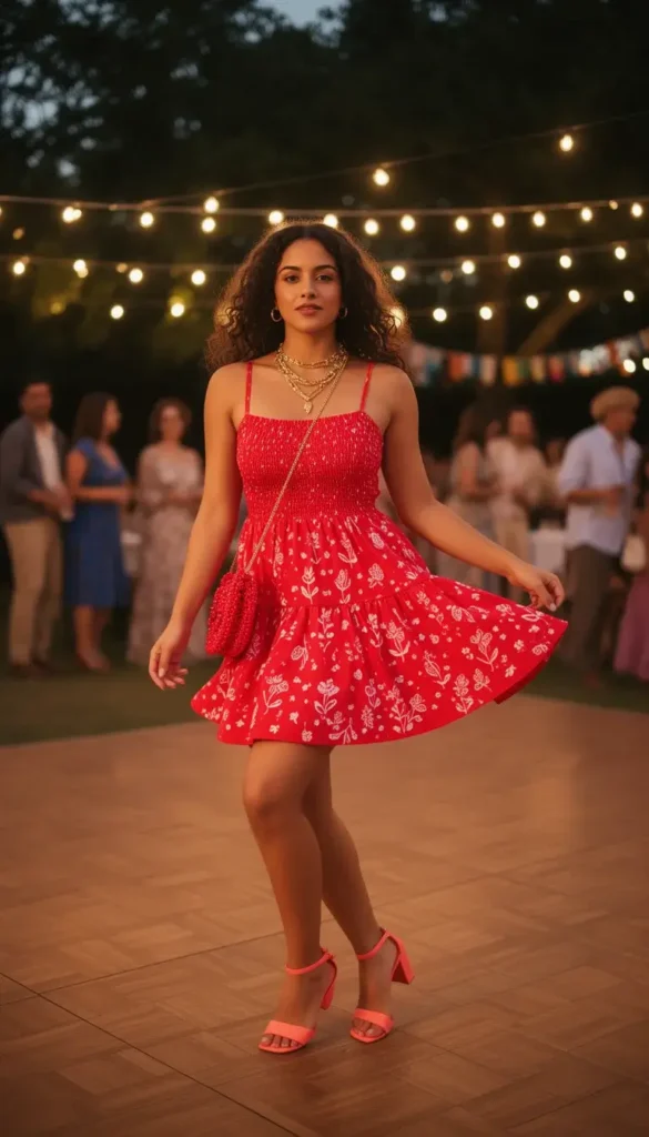 Young woman in a vivid red folk floral mini dress with coral block heels dancing at an outdoor string-lit fiesta.