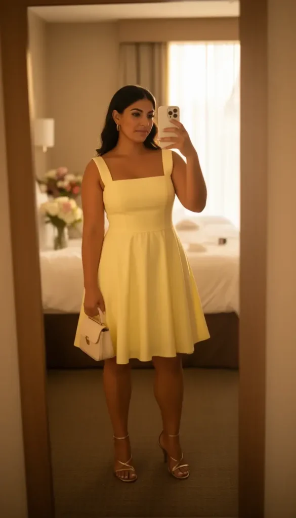 A woman in a butter yellow square-neck sundress taking a mirror selfie in a hotel room before a spring wedding, with warm morning light coming through the window.